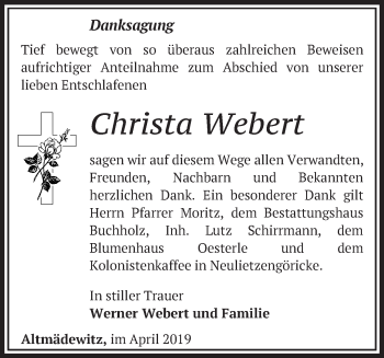 Traueranzeige von Christa Webert von Märkische Oderzeitung