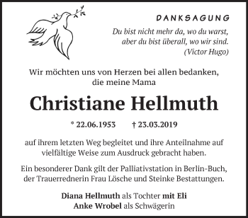 Traueranzeige von Christiane Hellmuth von Märkische Oderzeitung