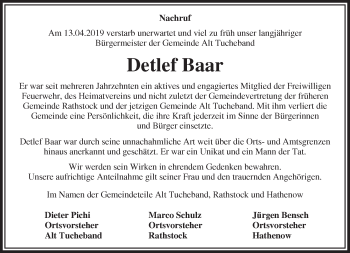 Traueranzeige von Detlef Baar von Märkische Oderzeitung