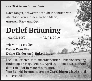 Traueranzeige von Detlef Bräuning von Märkische Oderzeitung