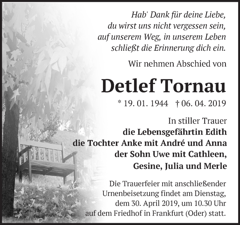  Traueranzeige für Detlef Tornau vom 13.04.2019 aus Märkische Oderzeitung