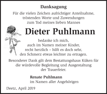 Traueranzeige von Dieter Puhlmann von Märkische Oderzeitung