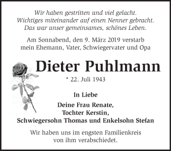 Traueranzeige von Dieter Puhlmann von Märkische Oderzeitung