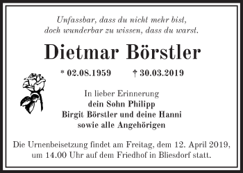 Traueranzeige von Dietmar Börstler von Märkische Oderzeitung