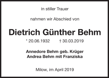 Traueranzeige von Dietrich Günther Behm von Märkische Oderzeitung