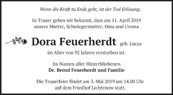 Traueranzeige von Dora Feuerherdt von Märkische Oderzeitung