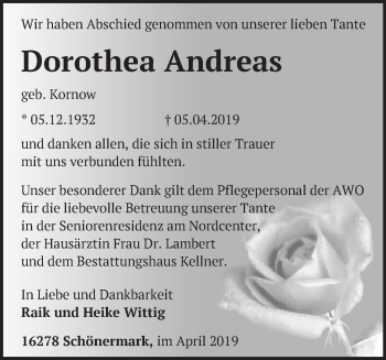 Traueranzeige von Dorothea Andreas von Märkische Oderzeitung