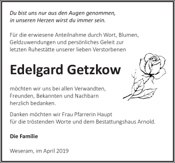 Traueranzeige von Edelgard Getzkow von Märkische Oderzeitung