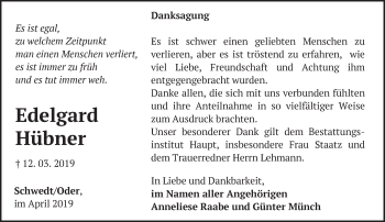 Traueranzeige von Edelgard Hübner von Märkische Oderzeitung