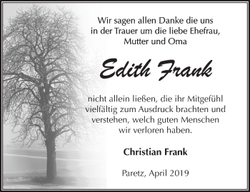 Traueranzeige von Edith Frank von Märkische Oderzeitung