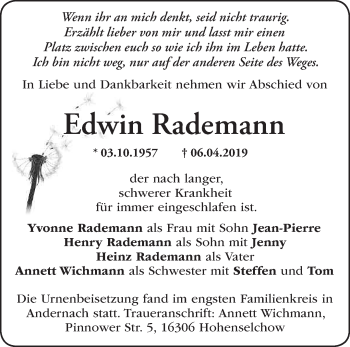 Traueranzeige von Edwin Rademann von Märkische Oderzeitung