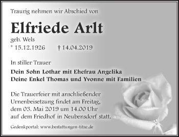 Traueranzeige von Elfriede Arlt von Märkische Oderzeitung