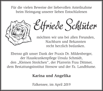 Traueranzeige von Elfriede Schlüter von Märkische Oderzeitung