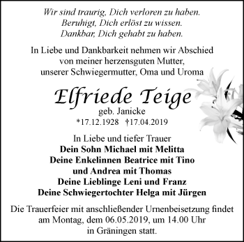 Traueranzeige von Elfriede Teige von Märkische Oderzeitung