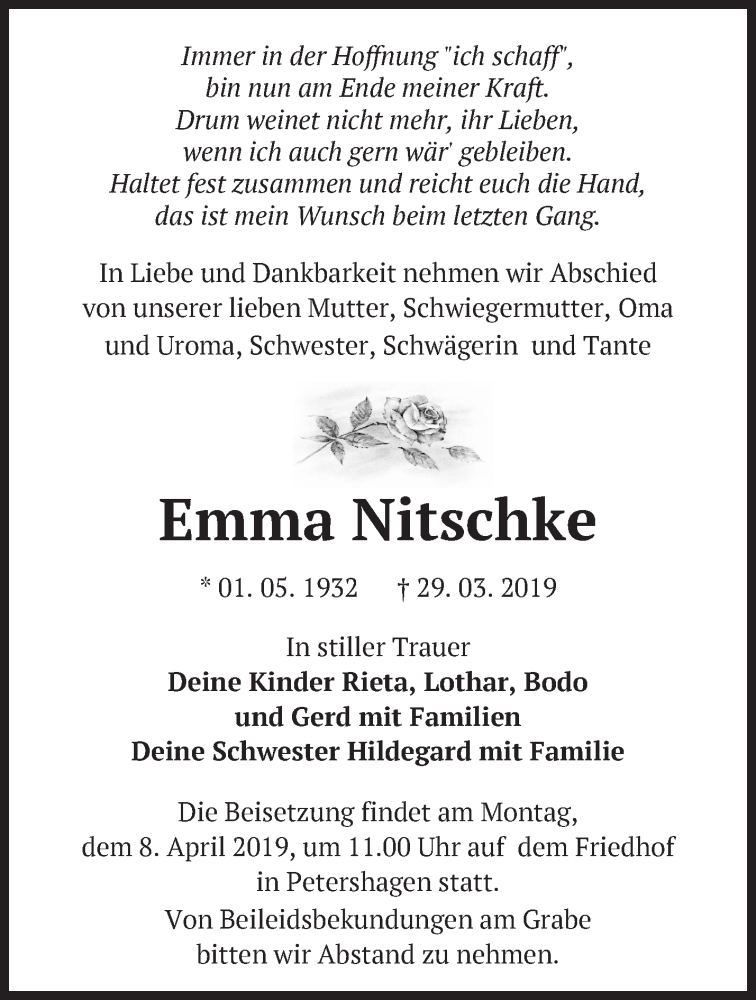  Traueranzeige für Emma Nitschke vom 03.04.2019 aus Märkische Oderzeitung