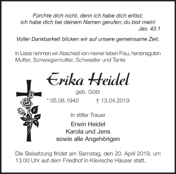 Traueranzeige von Erika Heidel von Märkische Oderzeitung