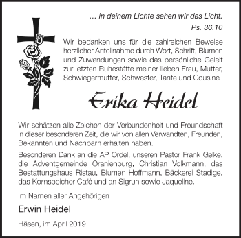 Traueranzeige von Erika Heidel von Märkische Oderzeitung