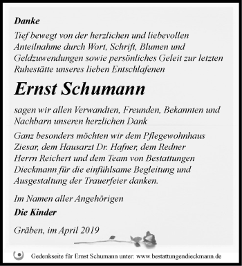 Traueranzeige von Ernst Schumann von Märkische Oderzeitung