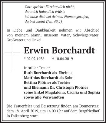 Traueranzeige von Erwin Borchardt von Märkische Oderzeitung