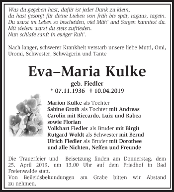 Traueranzeige von Eva-Maria Kulke von Märkische Oderzeitung