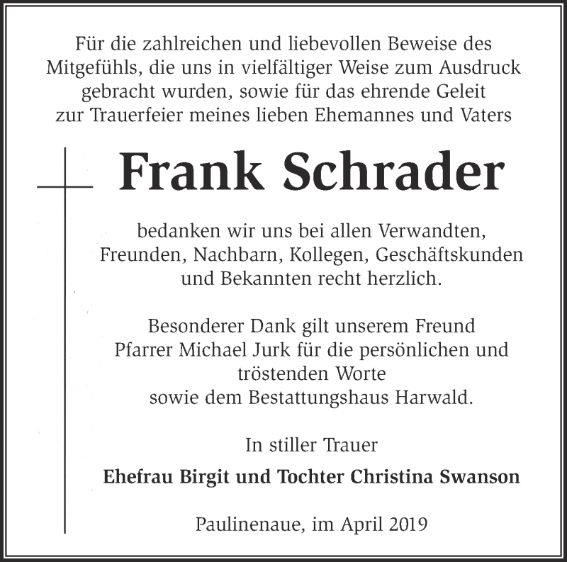  Traueranzeige für Frank Schrader vom 28.04.2019 aus Märkische Oderzeitung