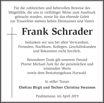 Traueranzeige von Frank Schrader von Märkische Oderzeitung