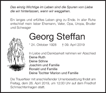 Traueranzeige von Georg Steffan von Märkische Oderzeitung