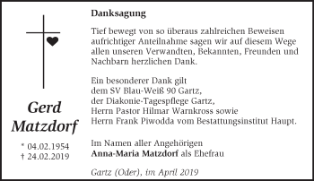 Traueranzeige von Gerd Matzdorf von Märkische Oderzeitung