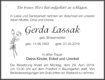 Traueranzeige von Gerda Lassak von Märkische Oderzeitung