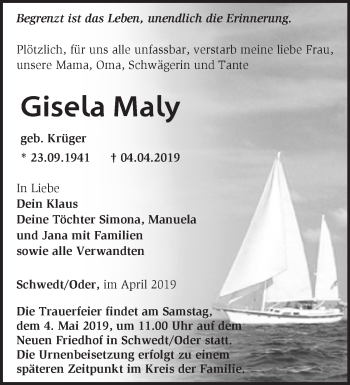 Traueranzeige von Gisela Maly von Märkische Oderzeitung