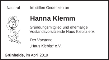 Traueranzeige von Hanna Klemm von Märkische Oderzeitung