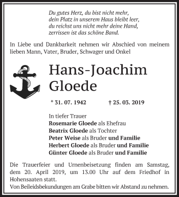 Traueranzeige von Hans-Joachim Gloede von Märkische Oderzeitung