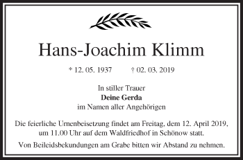 Traueranzeige von Hans-Joachim Klimm von Märkische Oderzeitung