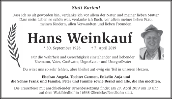 Traueranzeige von Hans Weinkauf von Märkische Oderzeitung