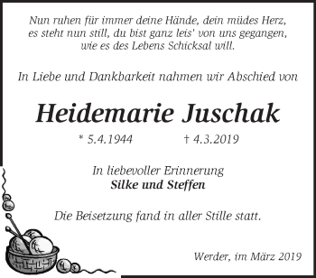 Traueranzeige von Heidemarie Juschak von Märkische Oderzeitung