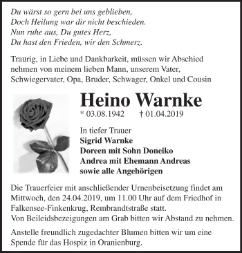 Traueranzeige von Heino Warnke von Märkische Oderzeitung