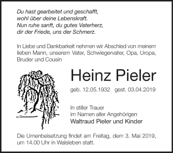 Traueranzeige von Heinz Pieler von Märkische Oderzeitung