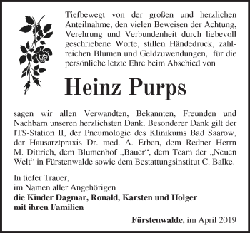 Traueranzeige von Heinz Purps von Märkische Oderzeitung