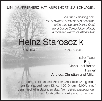 Traueranzeige von Heinz Starosczik von Märkische Oderzeitung