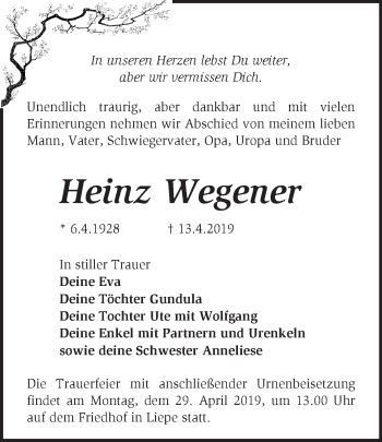 Traueranzeige von Heinz Wegener von Märkische Oderzeitung