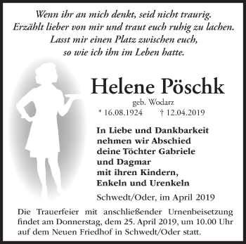 Traueranzeige von Helene Pöschk von Märkische Oderzeitung