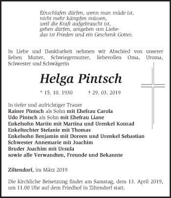 Traueranzeige von Helga Pintsch von Märkische Oderzeitung