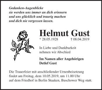 Traueranzeige von Helmut Gust von Märkische Oderzeitung