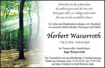 Traueranzeige von Herbert Wasserroth von Märkische Oderzeitung