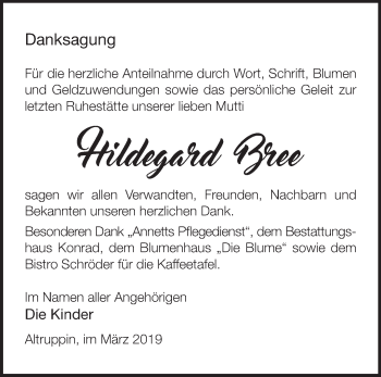 Traueranzeige von Hildegard Bree von Märkische Oderzeitung