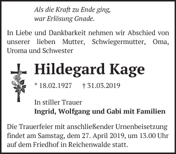 Traueranzeige von Hildegard Kage von Märkische Oderzeitung