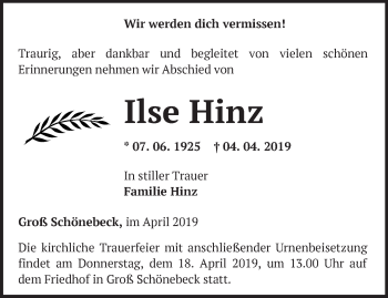 Traueranzeige von Ilse Hinz von Märkische Oderzeitung