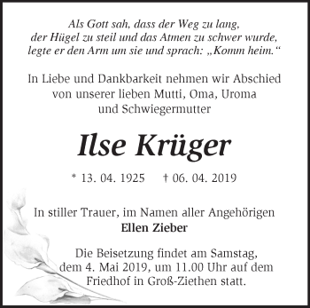 Traueranzeige von Ilse Krüger von Märkische Oderzeitung