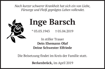 Traueranzeige von Inge Barsch von Märkische Oderzeitung