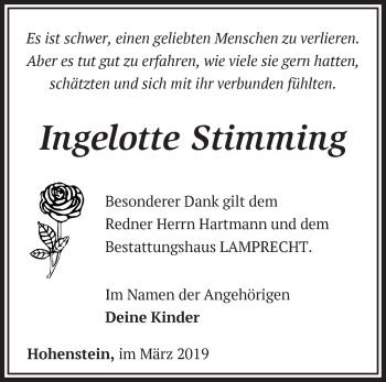 Traueranzeige von Ingelotte Stimming von Märkische Oderzeitung